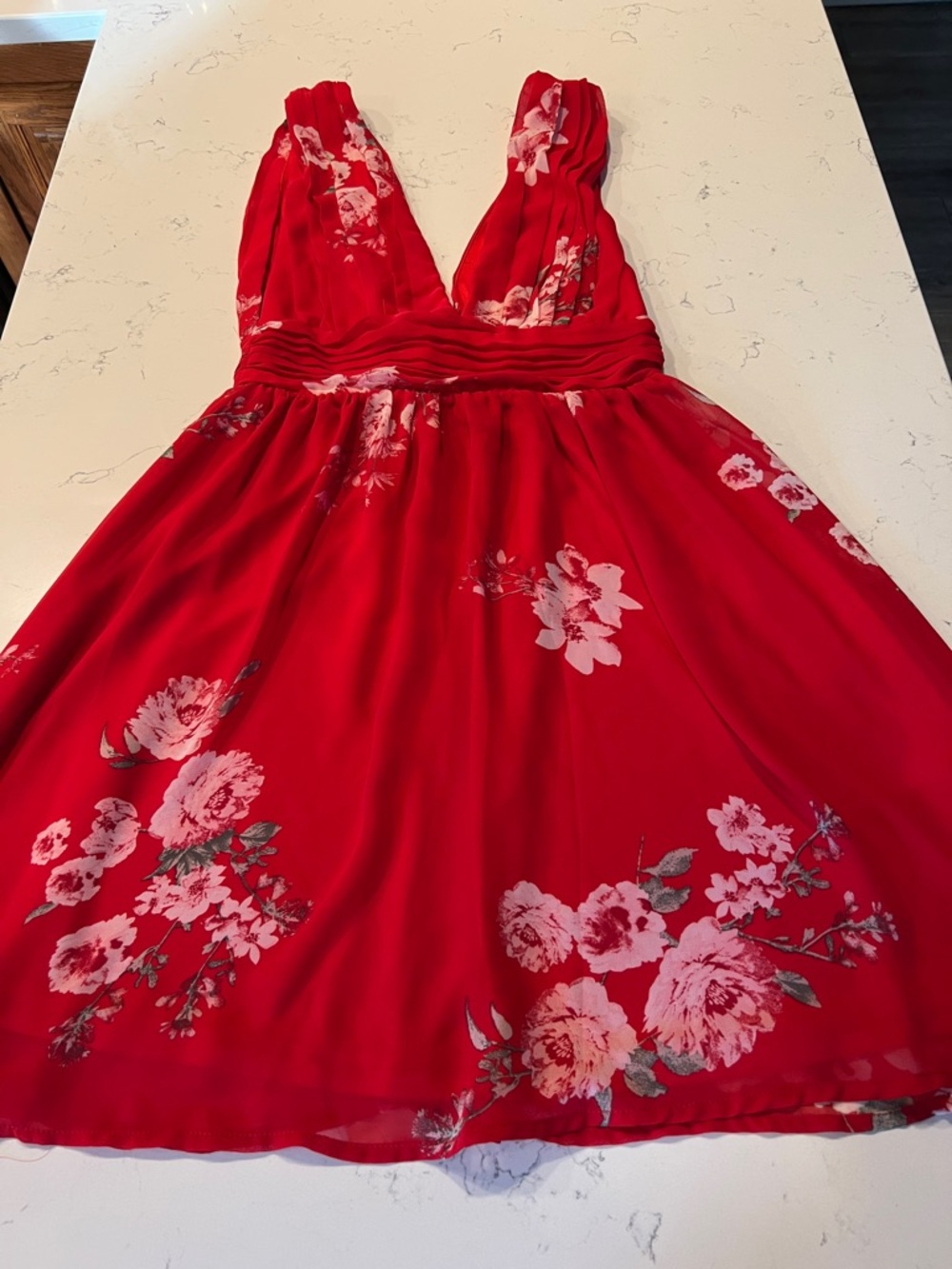 Red Floral Deep V-Neck  Dress